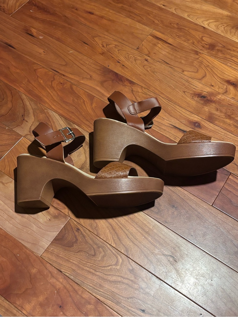 me too Brown Platform Block Heel Sandals with Ankle Strap